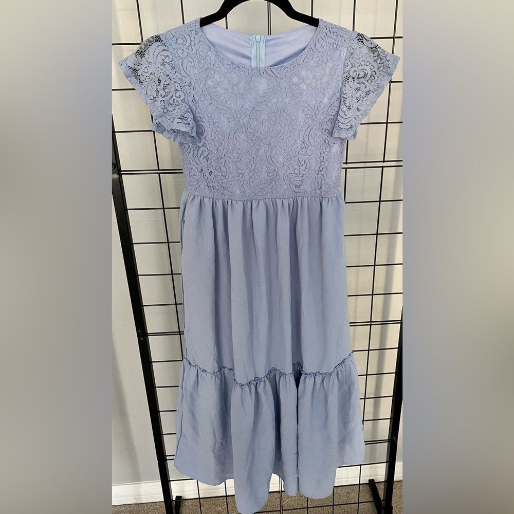 Girls A-line blue lace and ruffle maxi dress NWOT